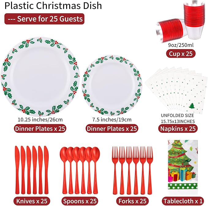 GATHER 176Pcs Christmas Plastic Plates - Heavy Duty Christmas Dinnerware Set Includes 50 Plates, 75 Red Plastic Silverware, 25 Cups, 25 Napkins and 1 Tablecloth for Xmas Party