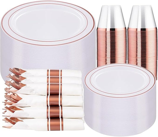 WELLIFE 350Pcs Rose Gold Plastic Plates for 50 Guests - Plastic Dinnerware Set,Party Supplies Includes 100 Rose Gold plates,150 Silverware,50 Napkins,50 Cups for Party and Valentine's Day