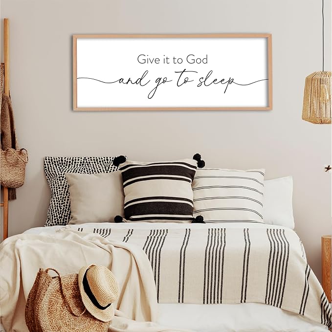 Give It To God And Go to Sleep Wall Decor 40"X15" Master Bedroom Above Bed Large Wood Framed Sign Rustic Guest Room Over Bed Wall Hanging Art (Wood)