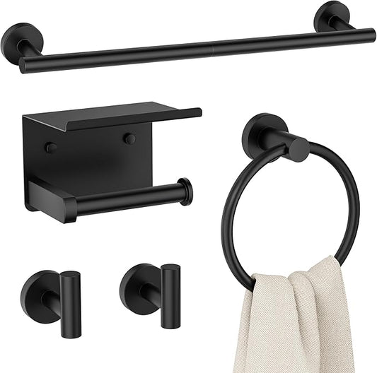FORIOUS Bathroom Hardware Accessories Set, SUS304 Stainless Steel 24 Inch Towel Bar Set Wall Mounted, Modern Toilet Paper Holder with Shelf for Bathroom, 5 Pieces, Matte Black