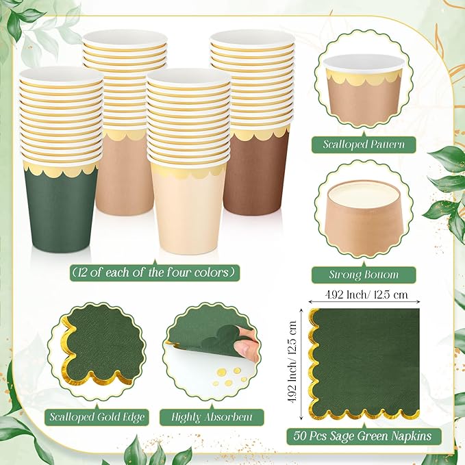 Mimorou 342 Pcs Woodland Baby Shower Party Supplies Sage Green Brown Tableware Paper Disposable Plates Napkins Cups Plastic Tablecloth Sage Brown Triangle Banner for Wedding Forest Birthday Party