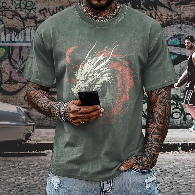Mens Dragon Grpahic T-Shirts Short Sleeve 100% Cotton Crewneck Big and Tall Outdoor Summer Quick Dry Undershirts