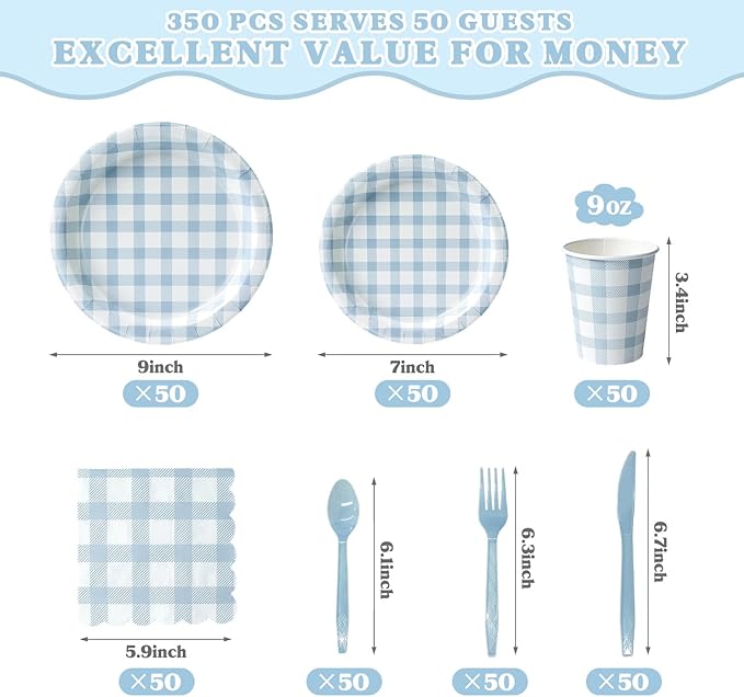 Vyntra 350 PCS Blue Gingham Party Supplies, Disposable 7 & 9 In Plates and Napkins, Cups, Knives, Forks, Spoons for Boy Birthday, Summer Picnic, Pool Party (Blue, Serves 50)