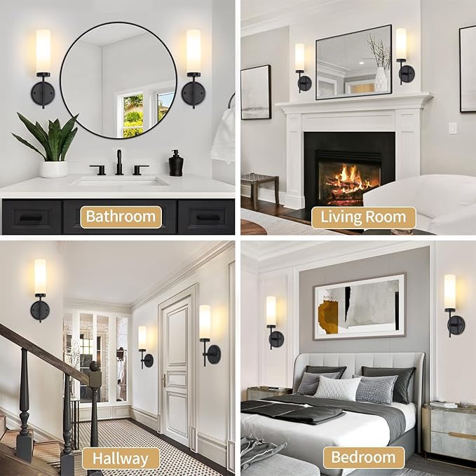 Modern Black Wall Sconces Hardwired Bathroom Vanity Lights with White Frosted Glass, Sconces Wall Decor Set of 2, Wall Sconce Lighting Indoor Wall Lights for Bedroom Living Room Hallway UL-Listed