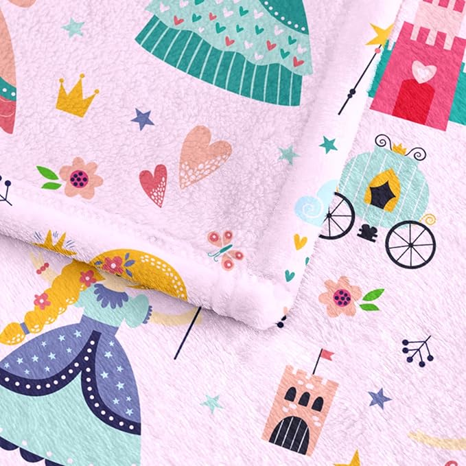 Wajade Kids Pink Princess Blanket for Girls Soft Fleece Blanket for Couch Sofa Bedroom Princess Fairy Tales Castle Throw Blanket for Kids Teens 60"x80"