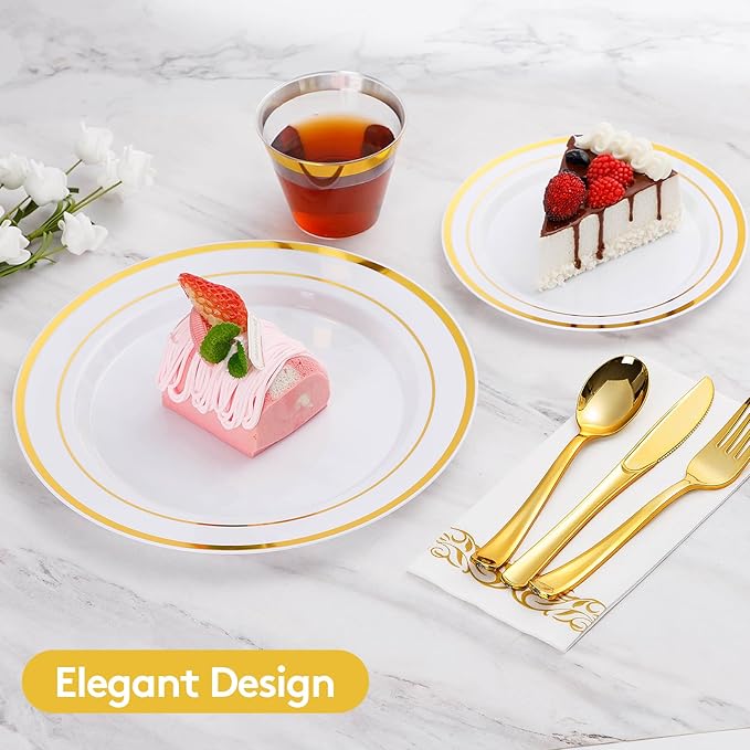 Goodluck 175 Piece Gold Dinnerware Set for 25 Guests, Plastic Plates Disposable for Party, Include: 25 Dinner Plates, 25 Dessert Plates, 25 Paper Napkins, 25 Cups, 25 Gold Silverware Set