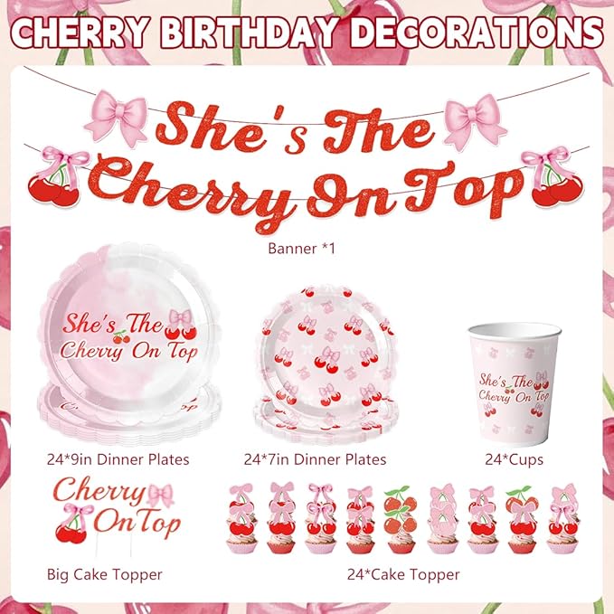 Birthday Party Decorations, Pink Cherry Theme Party Kit for Sweet Ladies and Girls, Total 214 PCS for 24 People, Including Banners,Cherry Plates,Cups and Other PINK Birthday Party Decorations