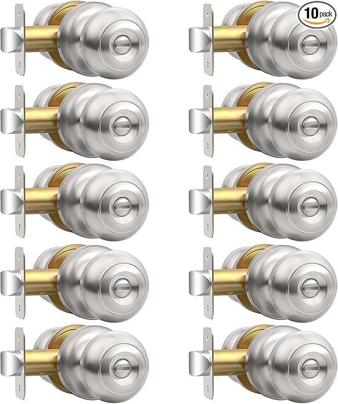 10 Pack Privacy Door Knob, Brushed Nickel Door Knobs Interior Keyless Door Locks for Bedrooms, Bathroom Door Knob for Left/Right Handle Doors