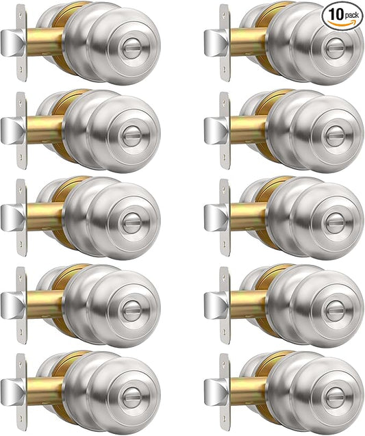 10 Pack Privacy Door Knob, Brushed Nickel Door Knobs Interior Keyless Door Locks for Bedrooms, Bathroom Door Knob for Left/Right Handle Doors