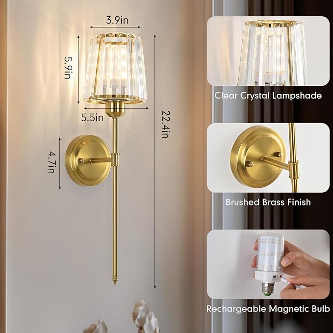Crystal Battery Operated Wall Sconces, Gold RGB Rechargeable Wireless Wall Sconce with Remote for Wall Decor Bedroom Living Room 1 Bulbs Included