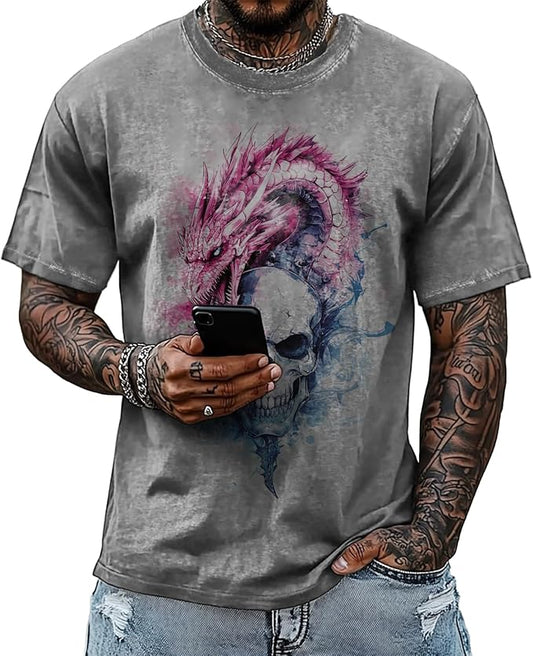 Mens Dragon Grpahic T-Shirts Short Sleeve 100% Cotton Crewneck Big and Tall Outdoor Summer Quick Dry Undershirts