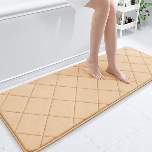 OLANLY Memory Foam Bath Mat 59x20, Ultra Soft and Absorbent Bathroom Rugs, Machine Washable, Comfortable Bath Carpet for Bathroom Floor, Tub and Shower, Beige