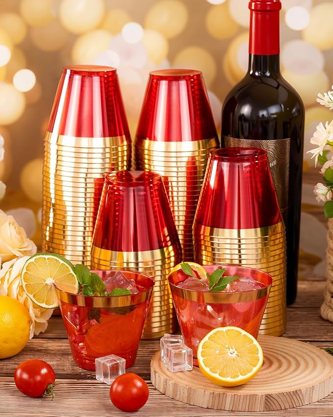 Ciaell 200PCS Red Plastic Cups - 9 Oz Gold Plastic Cups - Heavy Duty Gold Rimmed Disposable Cup - Disposable Wine Glasses with Gold Rim for Party & Wedding & Christmas
