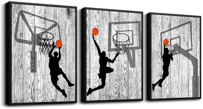 Black Framed Wall Art For Living Room Boy's Bedroom Wall Decor Artwork Office Wall Hanging Decor Black And White Prints Framed Pictures Play Basketball Sport Painting Modern Home Decoration 3 Piece