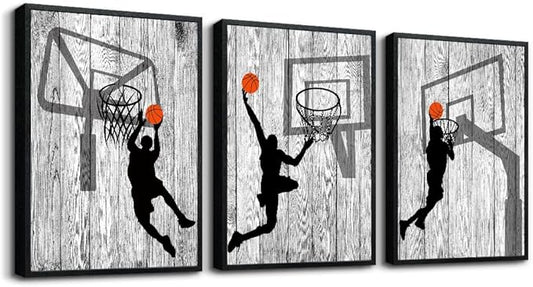 Black Framed Wall Art For Living Room Boy's Bedroom Wall Decor Artwork Office Wall Hanging Decor Black And White Prints Framed Pictures Play Basketball Sport Painting Modern Home Decoration 3 Piece