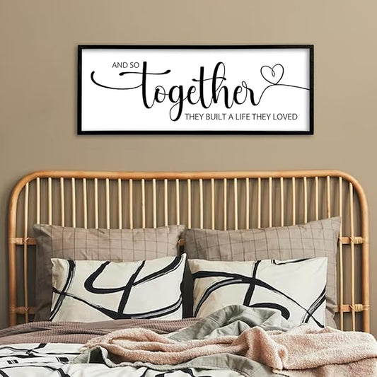 And So Together They Built A Life They Loved Sign Wall Decor 40"X15" Bedroom Above Over Bed Large Wood Framed Love Quotes for Couple Wall Hanging Art (Black)
