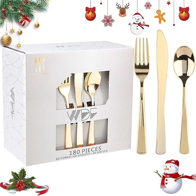 WDF 180 Pieces Disposable Plastic Gold Silverware Cutlery - Disposable Flatware Set 60 Forks, 60 Knives and 60 Spoons - Heavy Duty Gold Plastic Cutlery - Utensils for Wedding, Thanksgiving, Christmas