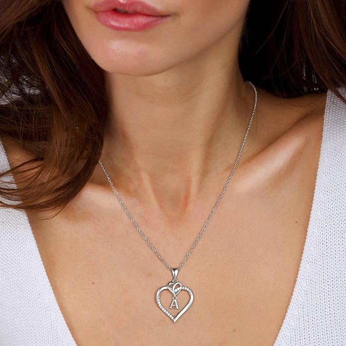 STORUP Christmas Gifts for Women Teen Girls - Heart Initial Necklaces for Women Girls, 14K-Gold-Plated Cubic Zirconia Initial A-Z Pendant Dainty Heart Necklaces for Teen Girl Jewelry Birthday Gifts