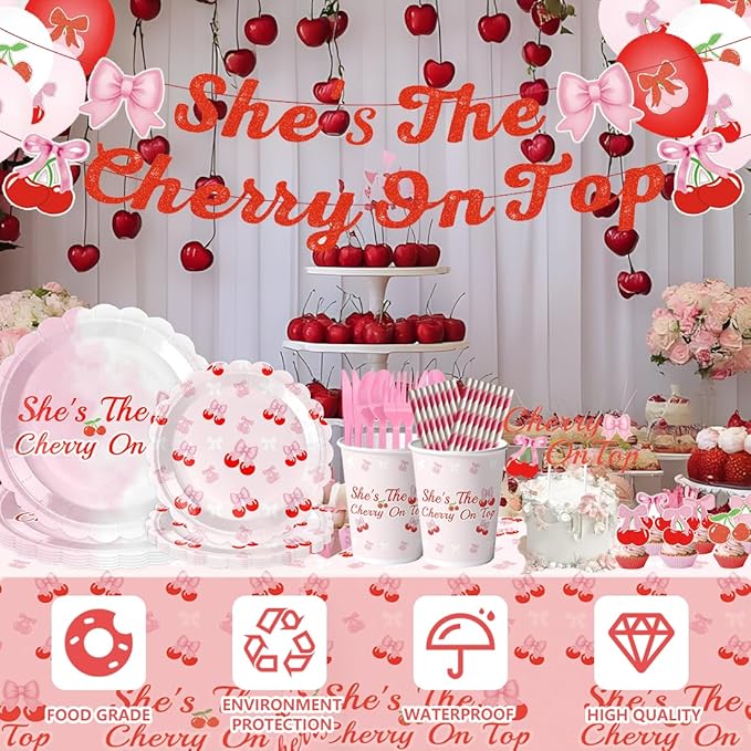 Birthday Party Decorations, Pink Cherry Theme Party Kit for Sweet Ladies and Girls, Total 214 PCS for 24 People, Including Banners,Cherry Plates,Cups and Other PINK Birthday Party Decorations