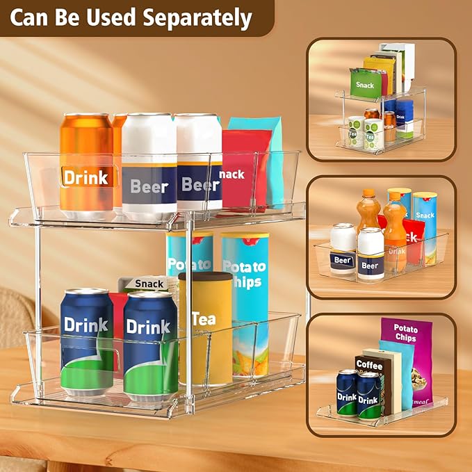3-Pack Pull-Out Home Organizers, 2 Tier Clear Bathroom Organizer with Dividers, Multipurpose Vanity Counter Tray, Kitchen, Closet Organizers and Storage Container Bins for Cabinet, Pantry