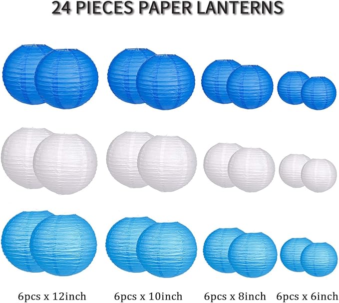 24pcs Hanging Round Paper Lanterns for Wedding Birthday Party Baby Showers Decoration Blue/White