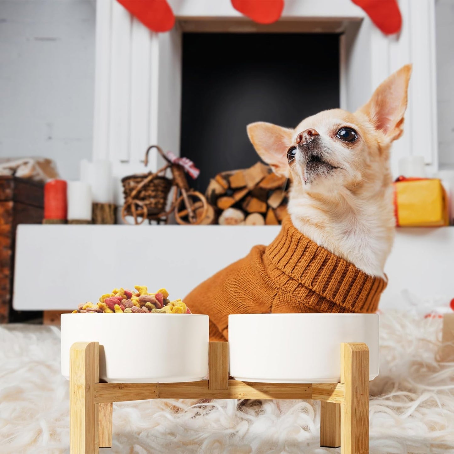 Elevated Bamboo Dog Bowl Stand – Ceramic Bowls & Non-Slip Design