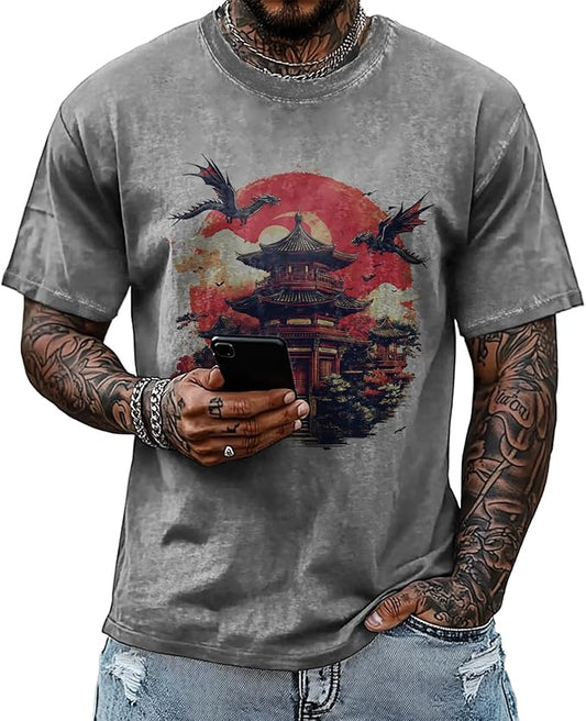 Mens Dragon Grpahic T-Shirts Short Sleeve 100% Cotton Crewneck Big and Tall Outdoor Summer Quick Dry Undershirts