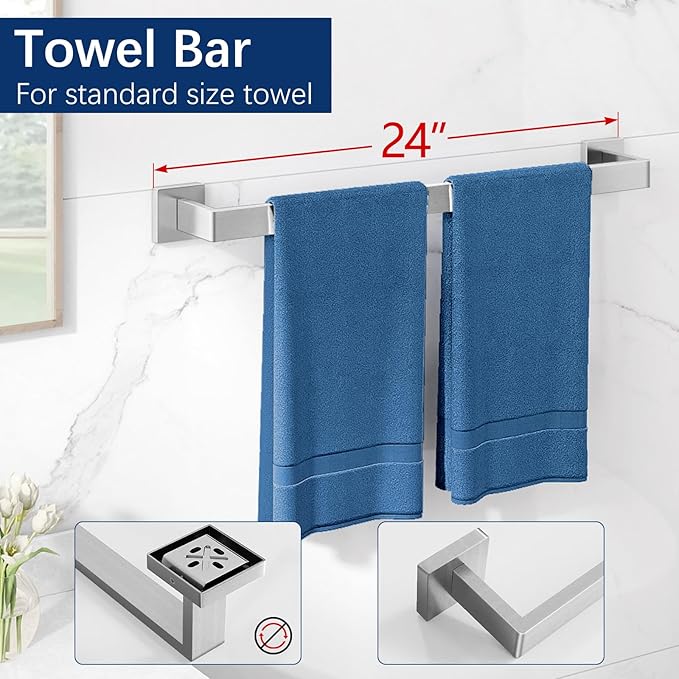 24-Inch Extended Towel Bar Set Wall Mounted, Bathroom Accessory Set Brushed Nickel 5-Pieces Bathroom Hardware Set