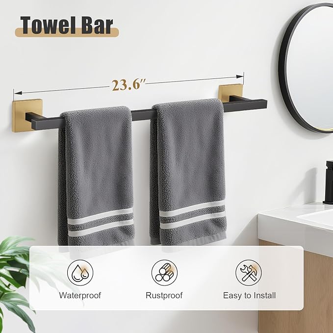 Black & Gold 5-Piece Bathroom Hardware Set – Stainless Steel Towel Bar & Holder