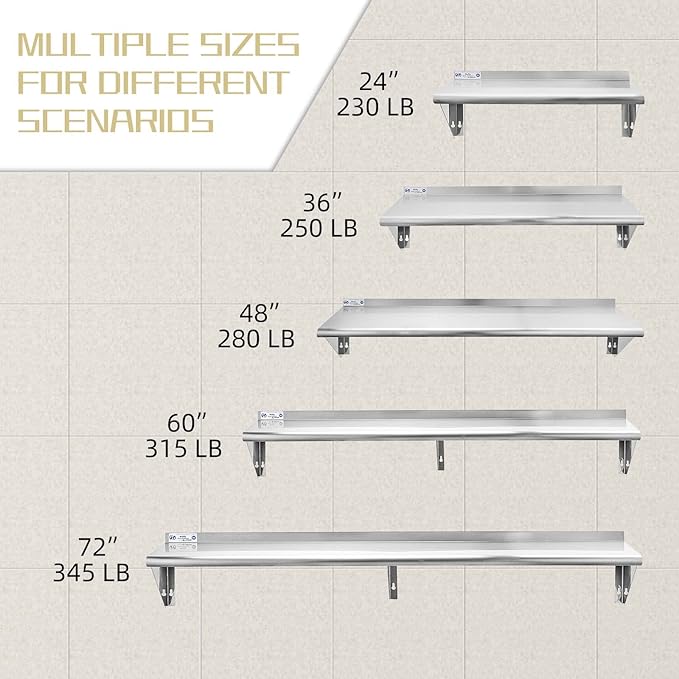 Hally Stainless Steel Shelf 12 x 24 Inches 230 lb, NSF Commercial Wall Mount Floating Shelving for Restaurant, Kitchen, Home and Hotel