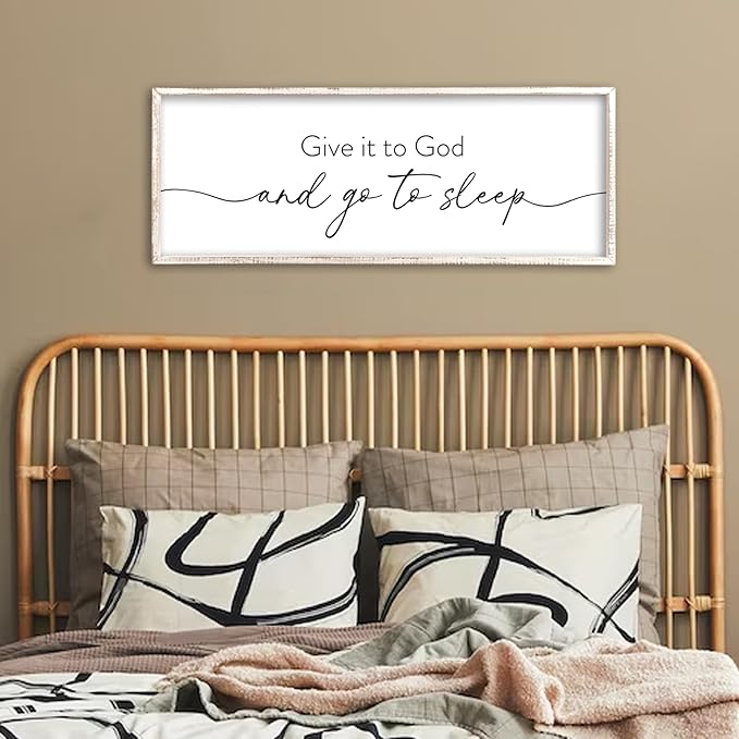 Give It To God And Go to Sleep Wall Decor 40"X15" Master Bedroom Above Bed Large Wood Framed Sign Rustic Guest Room Over Bed Wall Hanging Art (White)
