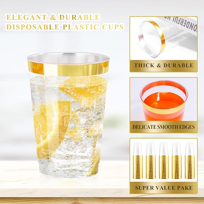 Ciaell 120PCS Gold Plastic Cups - 12Oz Heavy Duty Plastic Cup - Disposable Gold Rimmed Cups - Premium Gold Rim Cup Perfect for Wedding & Party & Christmas