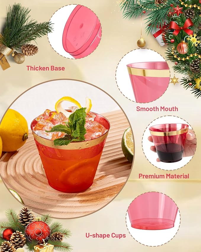 Ciaell 200PCS Red Plastic Cups - 9 Oz Gold Plastic Cups - Heavy Duty Gold Rimmed Disposable Cup - Disposable Wine Glasses with Gold Rim for Party & Wedding & Christmas