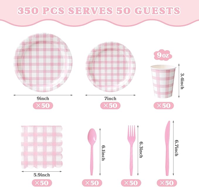 Vyntra 350 PCS Pink Gingham Party Supplies, Disposable 7 & 9 In Plates and Napkins, Cups, Knives, Forks, Spoons for Girl Birthday, Bridal Shower, Tea Party (PInk, Serves 50)