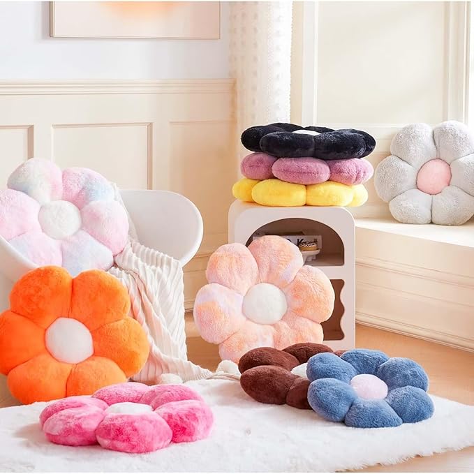 Black Flower Pillow, Cute Decorative Flower Shaped Throw Pillow with Faux Rabbit Fur, 19.6" Soft Daisy Plush Floor Cushion Aesthetic Room Decor for Bed Sofa Couch