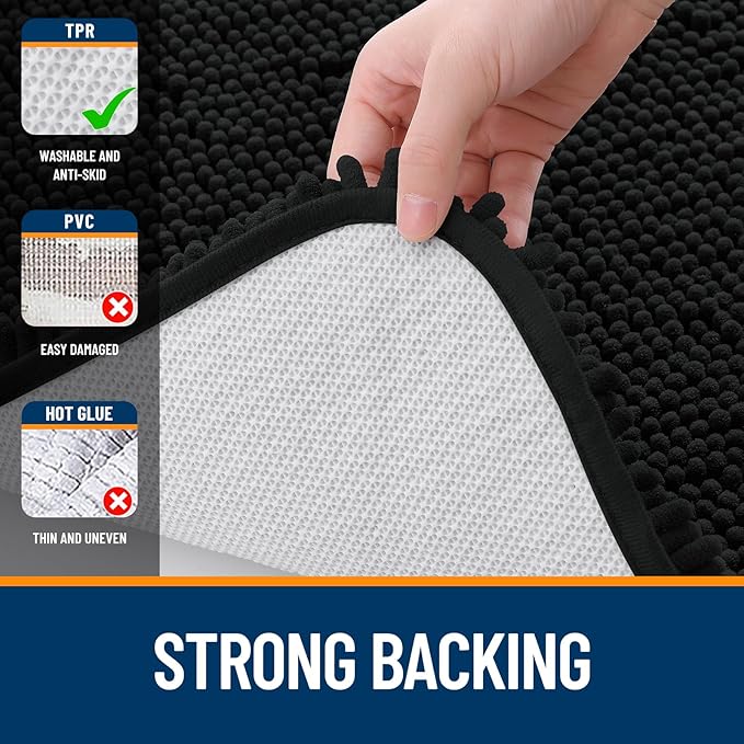 OLANLY Bathroom Rugs 30x18, Extra Soft Absorbent Chenille Bath Rugs, Rubber Backing Quick Dry, Machine Washable Bath Mats for Bathroom Floor, Tub and Shower, Home Decor Accessories, Black