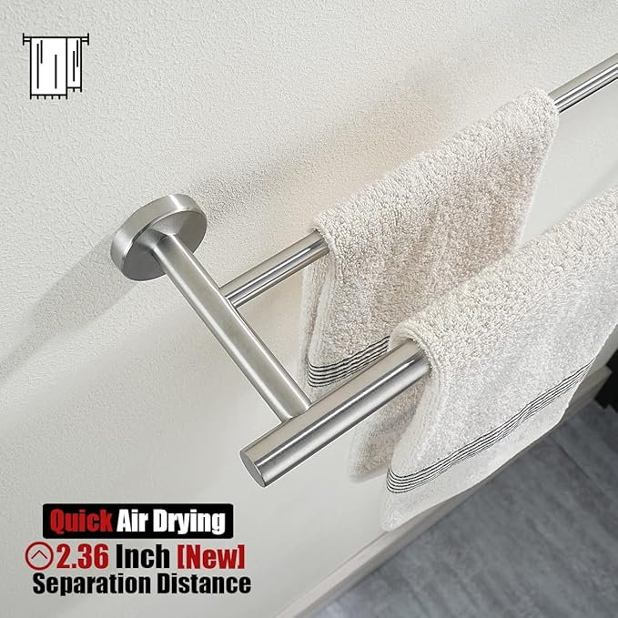 JQK Double Bath Towel Bar, 19 Inch 304 Stainless Steel Thicken 0.8mm Towel Rack Bathroom, Towel Holder Brushed Finished Wall Mount, Useable Length 16 Inch, TB100L16-BN