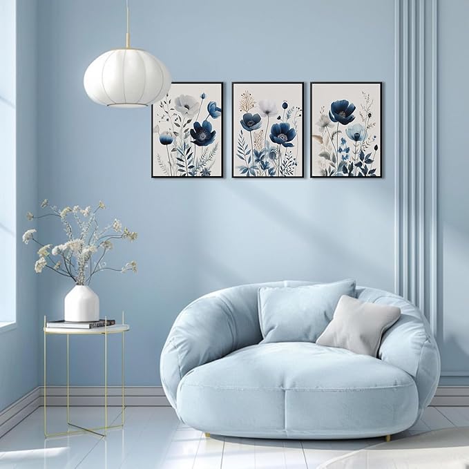 BingruiArt Navy Blue Wall Art Canvas Abstract Floral Painting Blue and Gray Posters Flower Decor Wildflower Pictures Botanical Prints for Living Room Bedroom Bathroom 3 Pcs 12"x16" Black Framed