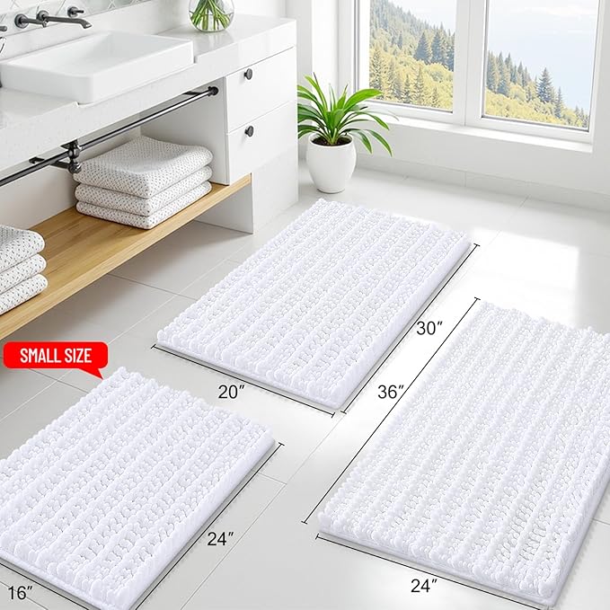 Smiry Bathroom Rugs Mat 47x24, Extra Soft Absorbent Chenille Bath Rugs, Non Slip Rubber Backing Machine Washable Quick Dry Bath Mats for Bathroom Floor, Tub, Shower, Home Decor Accessories, White