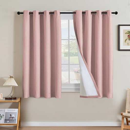 H.VERSAILTEX Linen Curtains 100% Blackout Curtains for Bedroom 54 inch Long Full Light Blocking Nature Linen Blended Window Curtains for Living Room Nickel Grommet (2 Panels, Heathered Baby Pink)