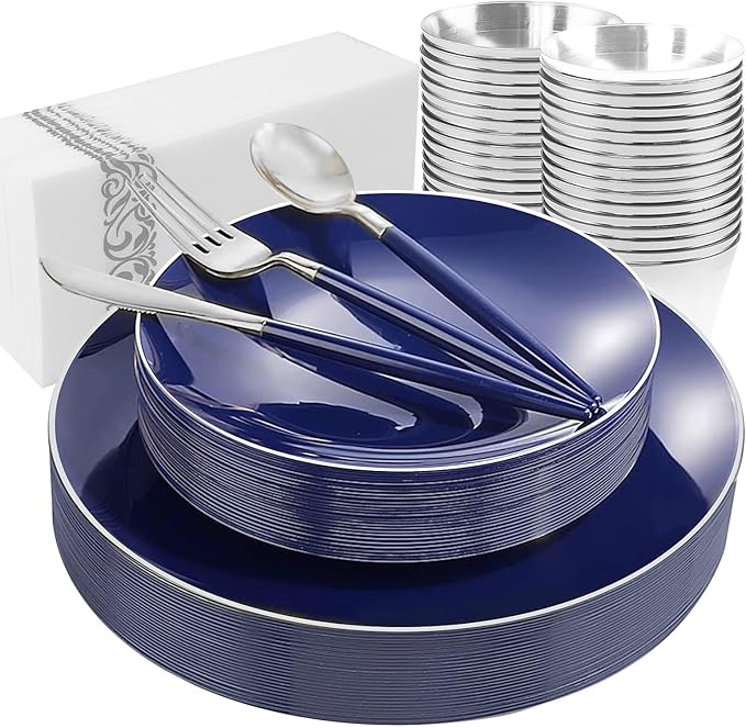 KIRE 175Pcs Blue Plastic Plates with Silver Rim & Disposable Silverware with Blue Handle & Silver-rim Cups & Hand Napkin & Plastic Dinnerware for Hanukkah/Parties/Wedding