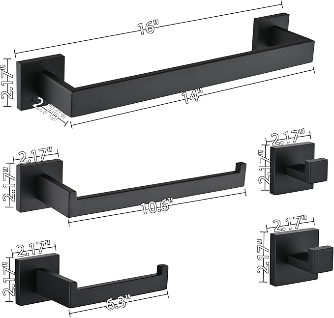 5 Piece Bathroom Hardware Set Matte Black, SUS304 Stainless Steel Towel Bar Set, Modern Square Accessories with 16 Inch Rack Toilet Paper Holder Robe Hooks (Matte Black)