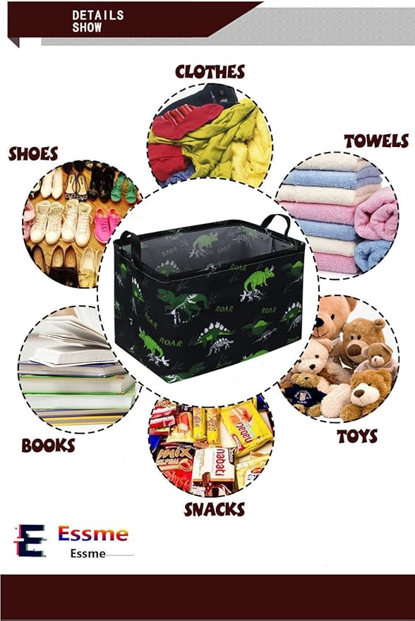 Kids Dinosaur Storage Basket with Handles – Foldable Toy Organizer Bin