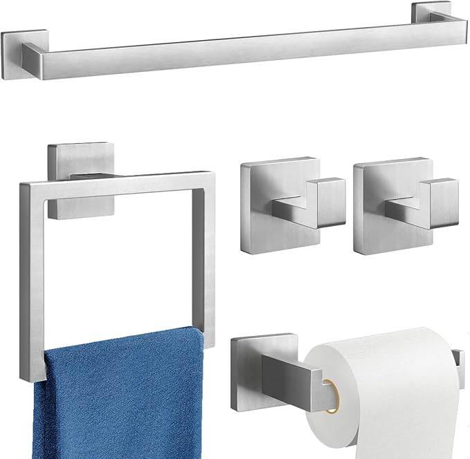 24-Inch Extended Towel Bar Set Wall Mounted, Bathroom Accessory Set Brushed Nickel 5-Pieces Bathroom Hardware Set
