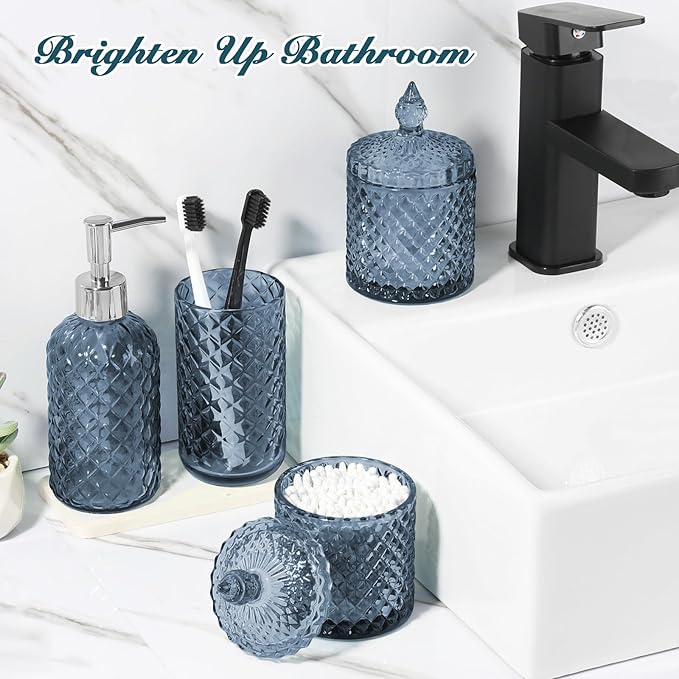 Blue Bathroom Accessories Set, 4 Pack Light Blue Bathroom Decor Accessory Sets Complete, Diamond Glass Soap Dispenser and Toothbrush Holder Set for Bath Counter Organizer Essentials