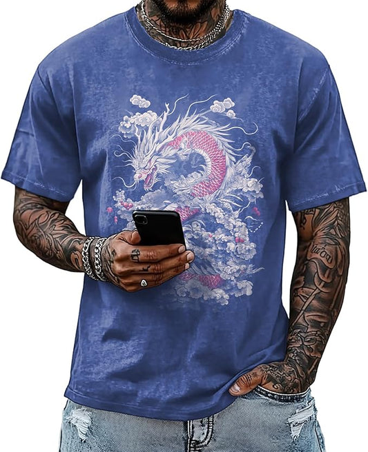 Mens Dragon Grpahic T-Shirts Short Sleeve 100% Cotton Crewneck Big and Tall Outdoor Summer Quick Dry Undershirts