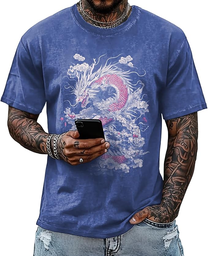 Mens Dragon Grpahic T-Shirts Short Sleeve 100% Cotton Crewneck Big and Tall Outdoor Summer Quick Dry Undershirts