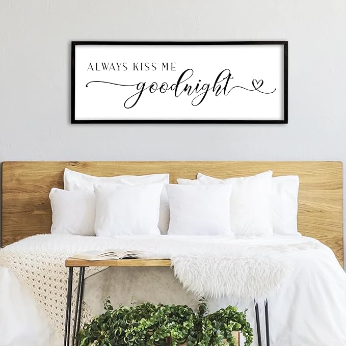 Always Kiss Me Goodnight Sign Wall Decor 40"X15" Master Bedroom Above Bed Large Wooden Framed for Couples Over Bed Wall Hanging Art (Black)