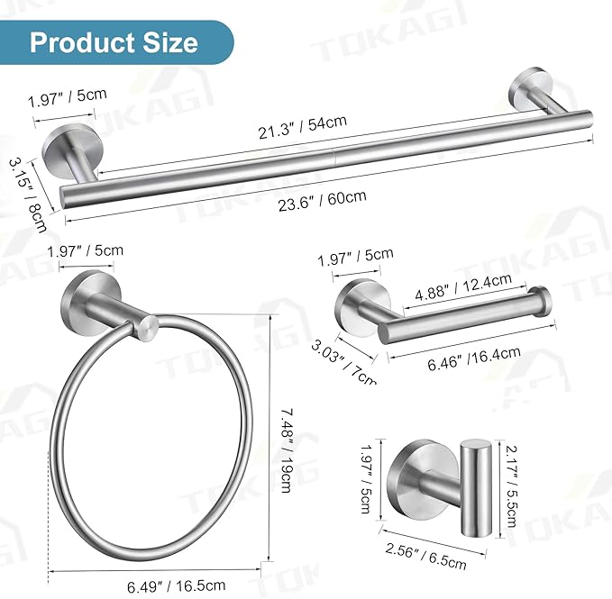 TQKAG Bathroom Towel Bar Holder Sets Brushed Nickel 23.6 Inch Round Stainless Steel Towel Bar Set 5 Piece Bathroom Accessory Set Wall Mounted