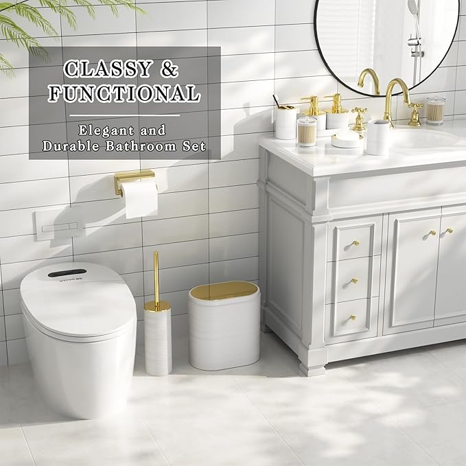 Bathroom Set, 10PC Bathroom Accessory Set, White Bathroom Accessories, White and Gold Bathroom Set with Trash Can, Soap Dispensers